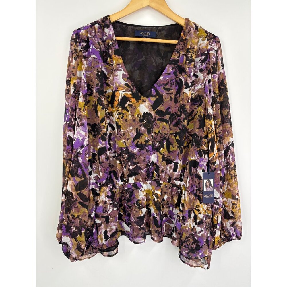 Rachel Roy Chiffon Floral Long Sleeve V-Neck Blouse Purple Black Tan 2X NEW